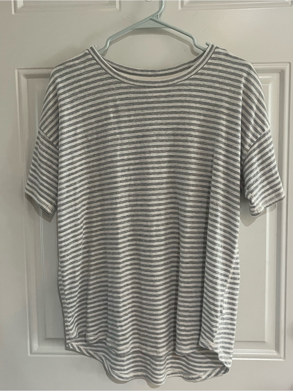 Women's Gray and White Striped Short-Sleeve Tee